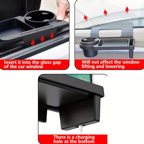 Car armrest with built-in mobile phone holder and cup holder, designed for easy access and convenience in vehicles.