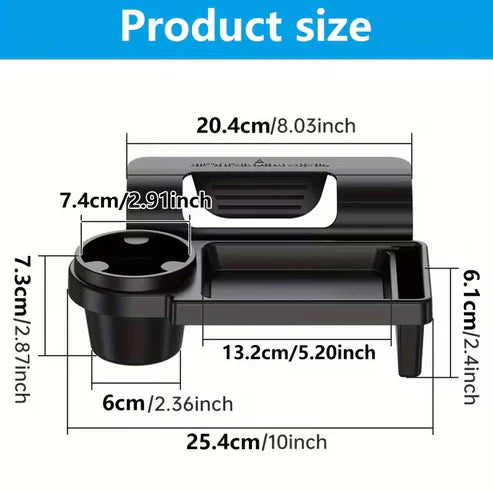 Car armrest with built-in mobile phone holder and cup holder, designed for convenient in-car storage and access.