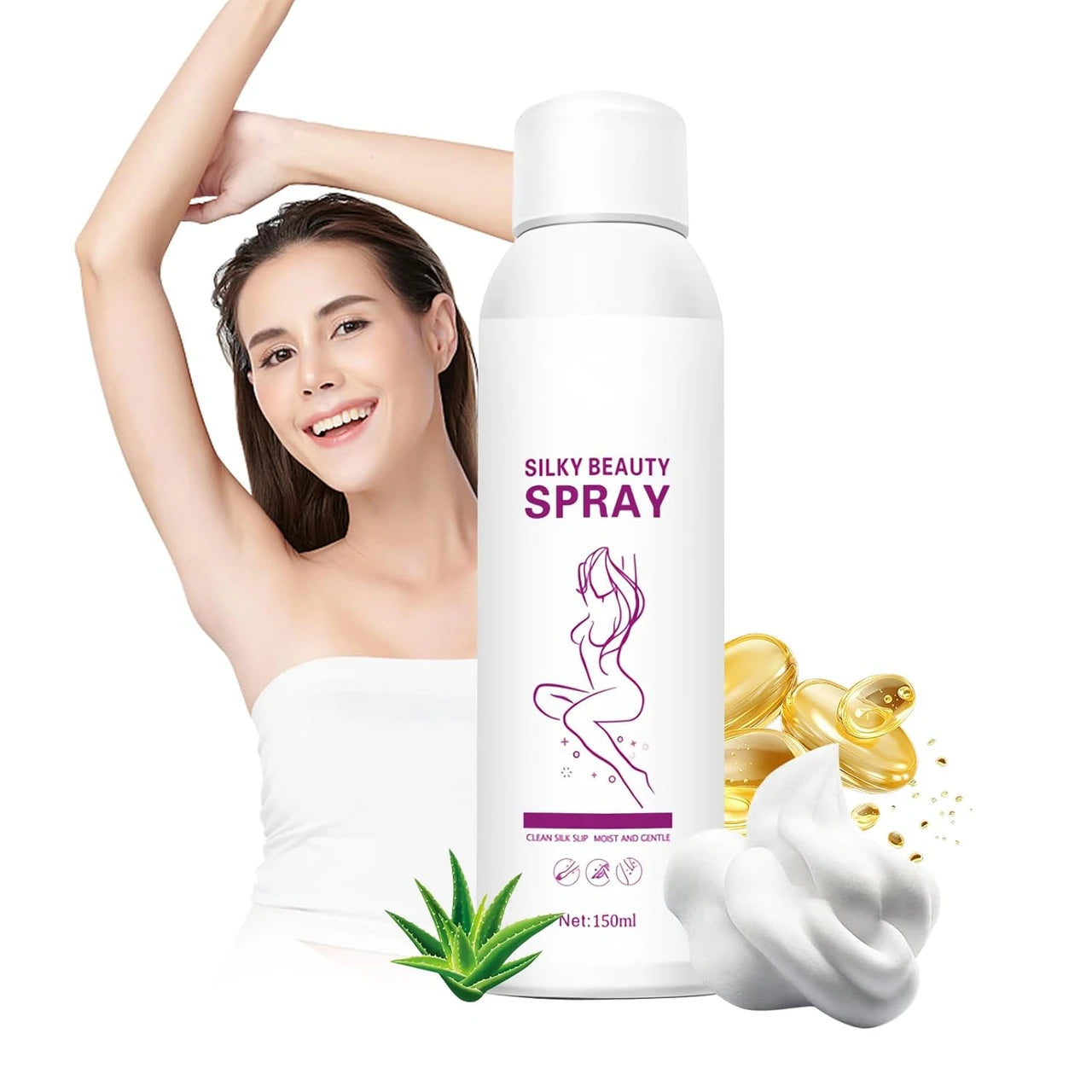 Alrimaya 150ml Silky Beauty Spray foam for painless hair removal on legs, arms, underarms, chest, and back for men and women.