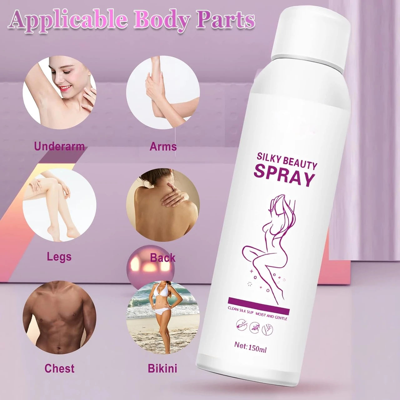 Alrimaya 150ml Silky Beauty Spray foam for quick, painless hair removal on legs, arms, underarms, chest, and back for men and women.