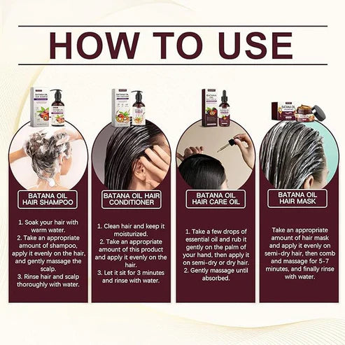 EELHOE Batana Oil Hair Care Set with bottles of natural hair treatment products and packaging for healthy hair care.