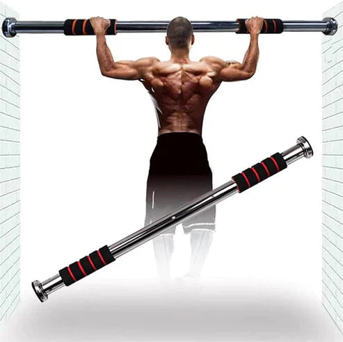 LORDEX doorway gym bar mounted on door frame for strength training and pull-up exercises, made of sturdy metal with foam grips.