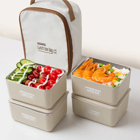 Insulated lunch box set with matching carry bag, featuring multiple compartments for convenient meal storage.
