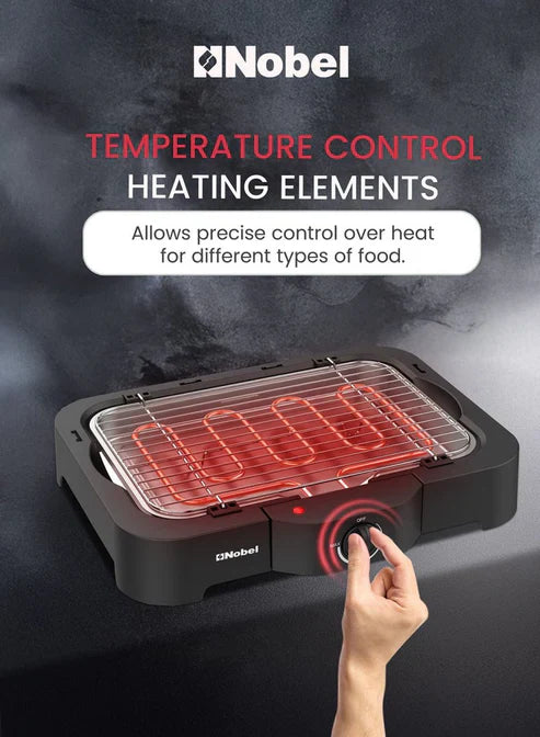 Nobel electric grill by My Store with a sleek black design, cooking surface, and control knobs for indoor grilling.